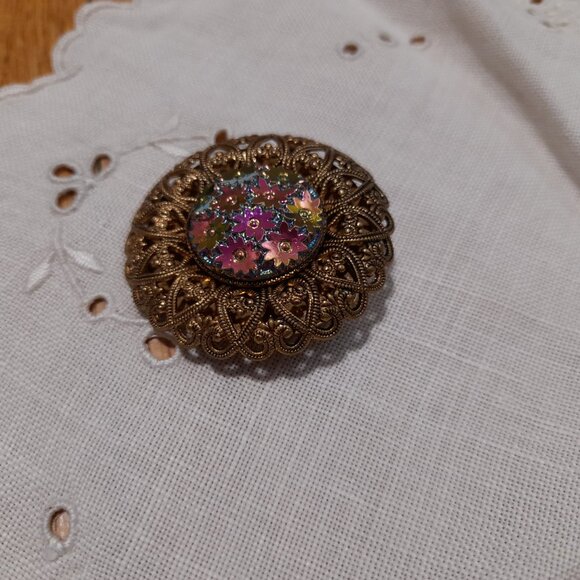 Vintage Fancy Scarf Clip Iridescent Floral Filigree West Germany - Picture 9 of 12
